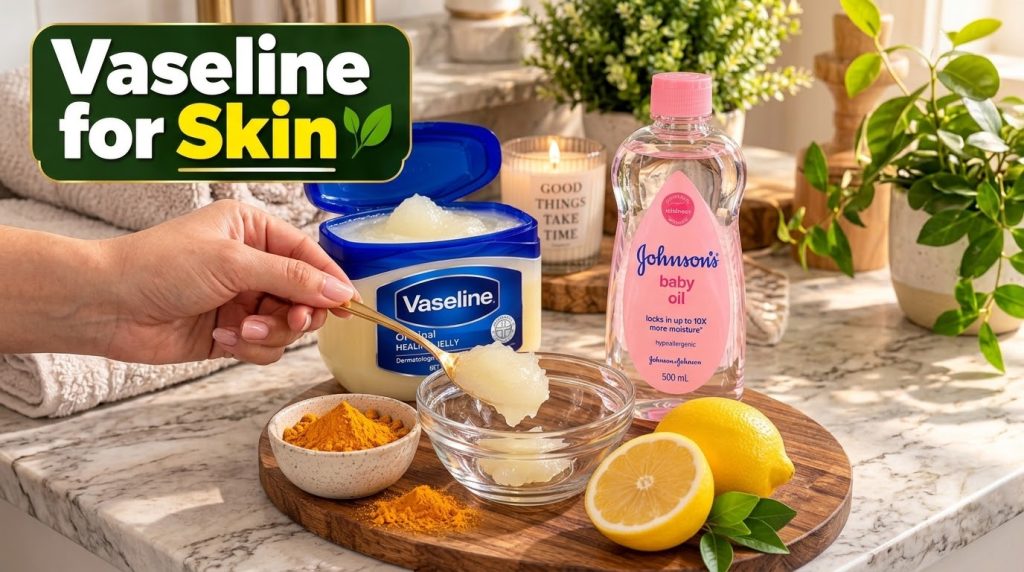 A flat lay of skincare ingredients on a wooden board Vaseline tub baby oil turmeric powder lemons and a small glass bowl