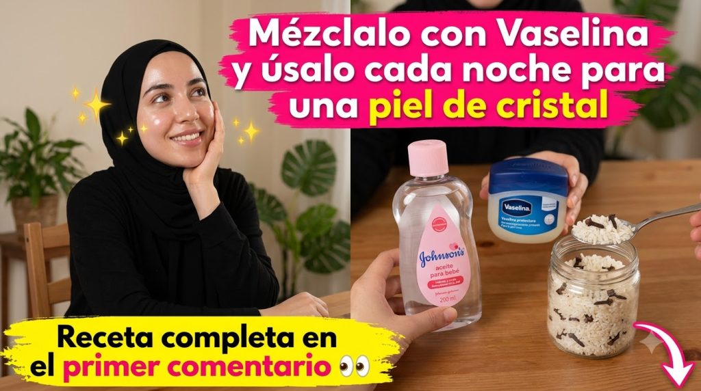 Una imagen dividida mostrando en la parte superior a una mujer con piel radiante y cristalina y en la parte inferior los