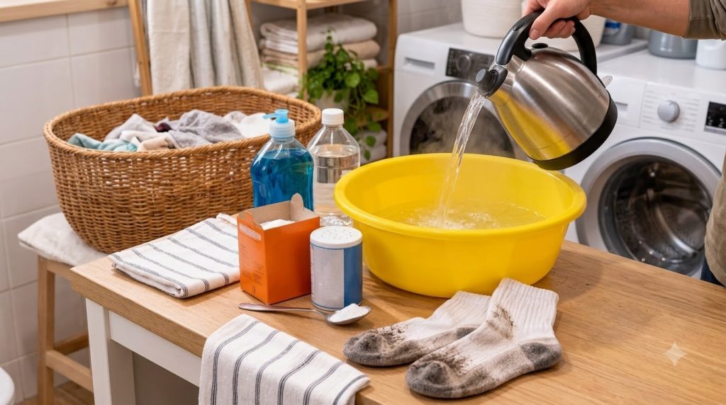A close-up of a hand pouring hot water from a kettle into a yellow basin filled with dirty white socks surrounded by cle