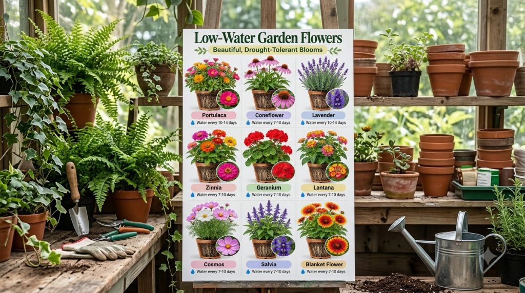 An infographic showing nine different low-water flowers each in a terracotta pot with exposed roots and a close-up of it