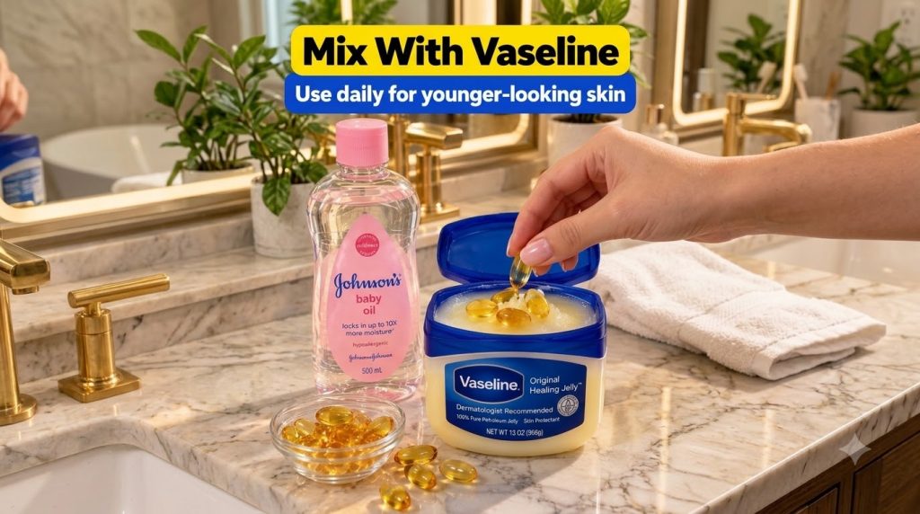 A hand gently dropping a golden vitamin E capsule into an open tub of Vaseline with a bottle of baby oil and more capsul