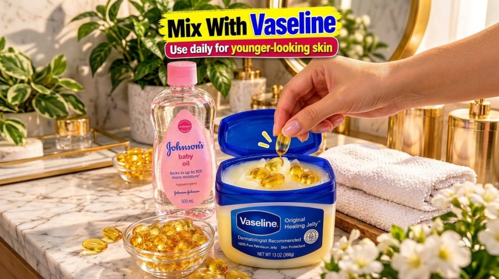 A hand adding a vitamin E capsule into a tub of Vaseline Original Healing Jelly on a sunlit marble surface