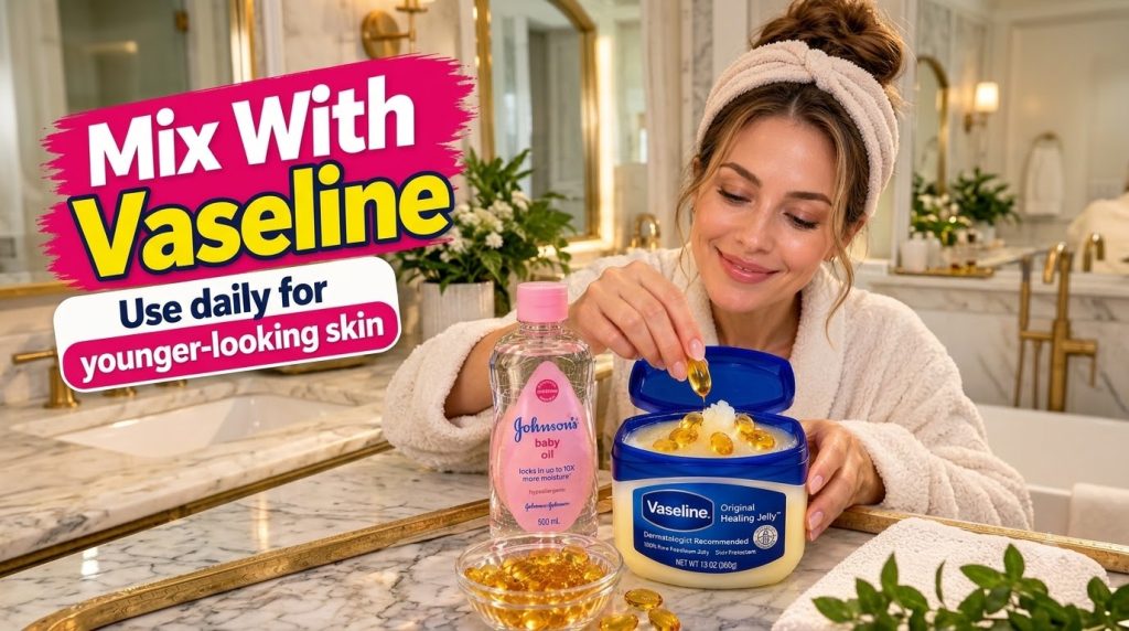 A smiling woman in a bathrobe and hair wrap adding a golden gel capsule to a jar of Vaseline Original Healing Jelly on a