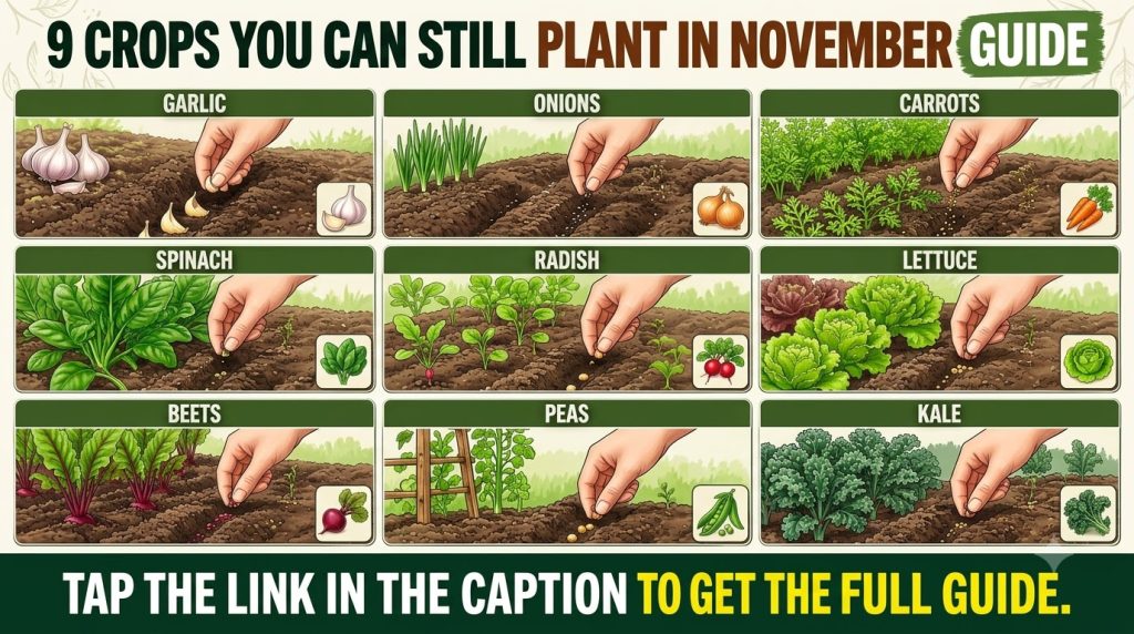 An infographic titled 9 Crops You Can Still Plant in November Guide showing nine different vegetables Garlic Onions Carr
