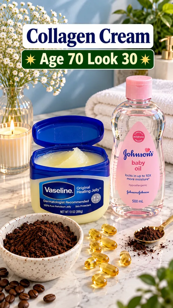 A flat-lay of natural beauty ingredients and products including an open jar of Vaseline a bottle of baby oil a bowl of c