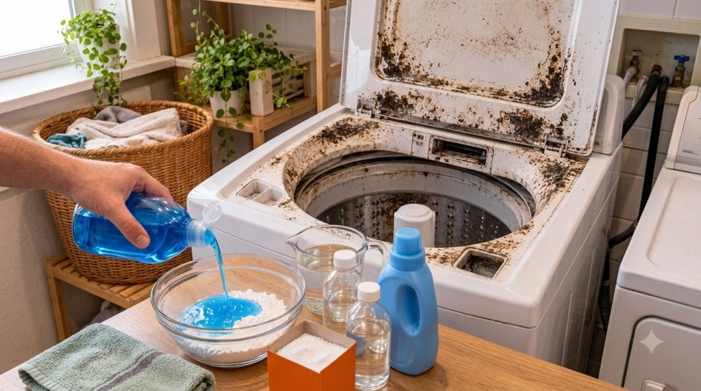 A close-up of a hand pouring blue liquid into a bowl of white powder with other cleaning supplies and a very dirty washi