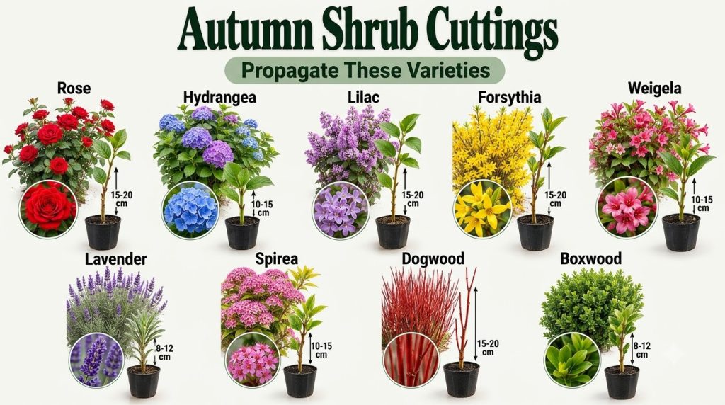 An infographic showing 9 different shrubs suitable for autumn propagation from cuttings Each shrub has an illustration o