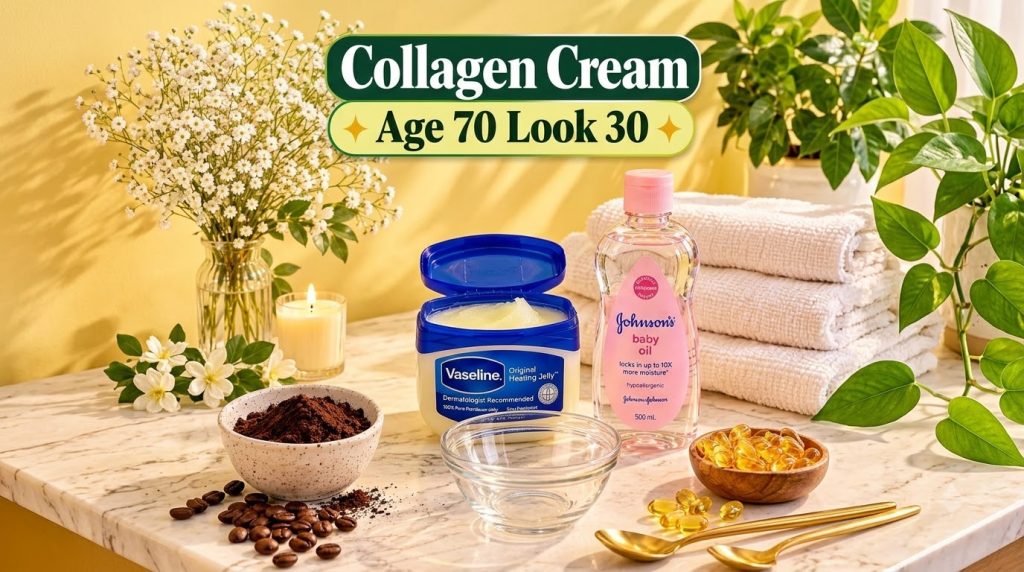 Ingredients for a homemade collagen cream including Vaseline baby oil ground coffee and vitamin E capsules arranged on a