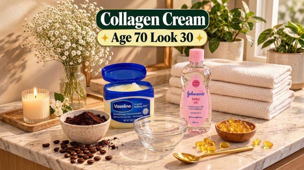 A collection of beauty and skincare ingredients laid out on a light marble surface Key elements include an open tub of V
