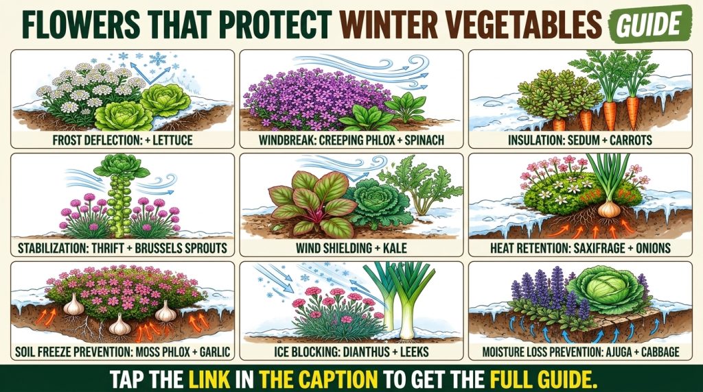 An infographic showing different flower and winter vegetable pairings illustrating how the flowers protect the vegetable