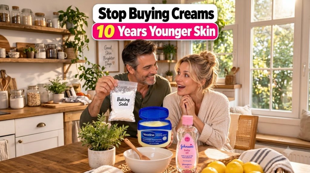 A smiling man holding baking soda and an impressed woman looking at a table with Vaseline baby oil a bowl and spoon in a