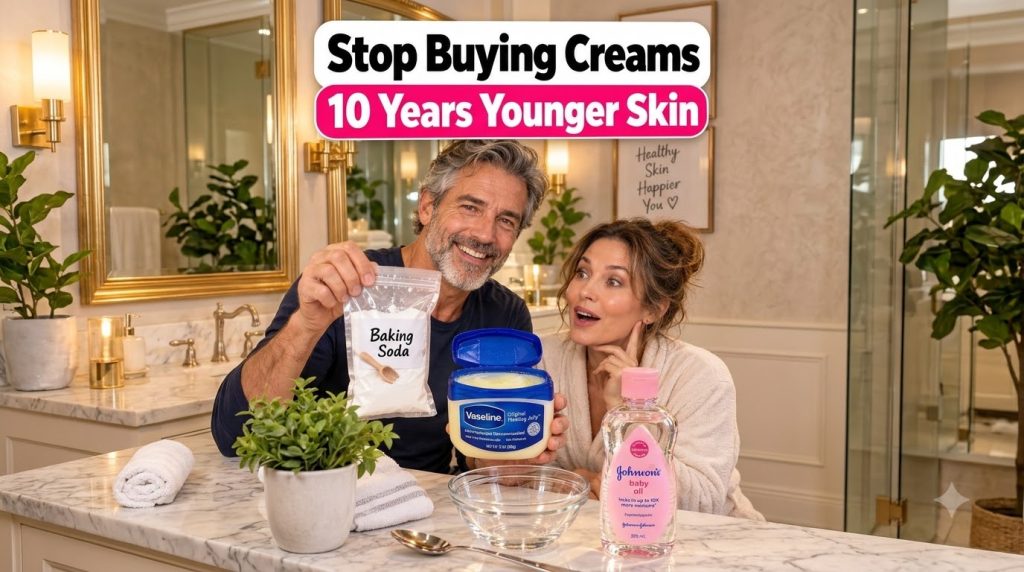 A man holding a bag of baking soda and a tub of Vaseline with a surprised woman looking on On a bathroom counter there s