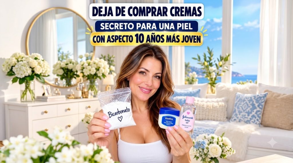 A smiling woman holds a baggie of baking soda in one hand and Vaseline and baby oil in the other She is looking directly