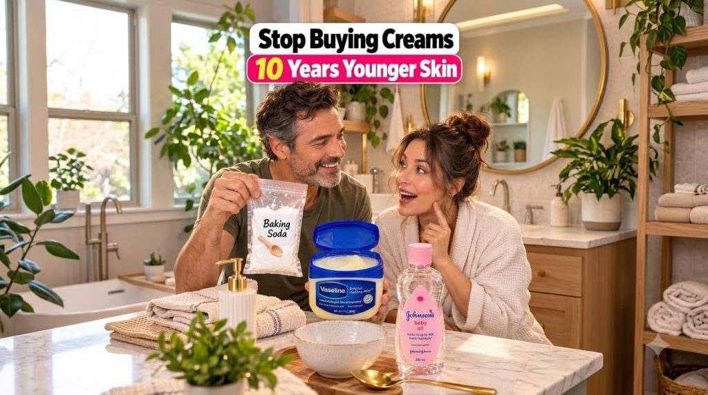 A smiling man holding a bag of baking soda and an open tub of Vaseline looking towards a surprised woman who is touching