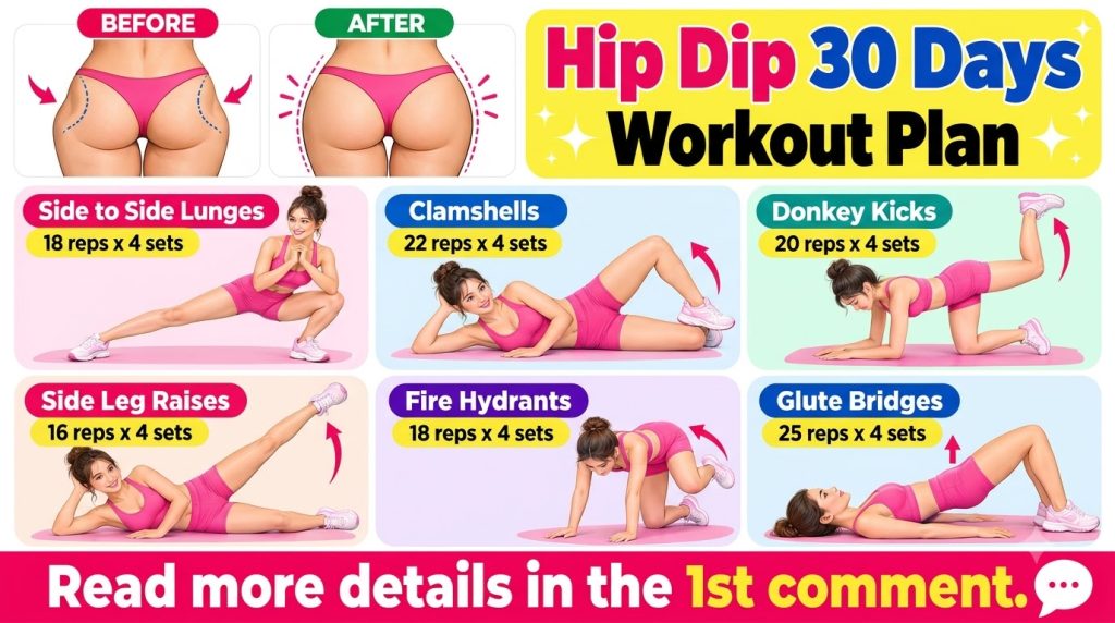 A brightly colored infographic showcasing a Hip Dip 30 Days Workout Plan It features a Before After comparison of a woma