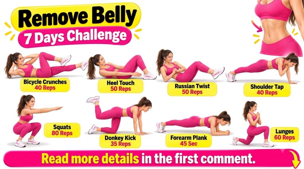 An infographic for a 7 Days Core Challenge featuring a woman in pink athletic wear demonstrating various core exercises 