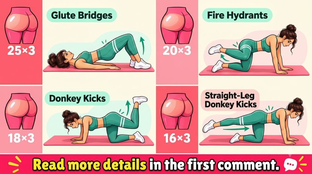 An infographic showing four glute exercises Glute Bridges Fire Hydrants Donkey Kicks and Straight-Leg Donkey Kicks with 