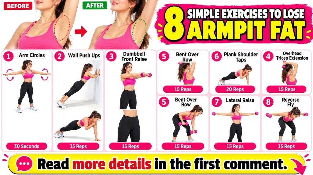 An infographic showing 8 different exercises for toning the underarm area with a before and after comparison for motivat