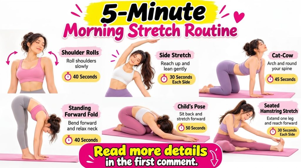 An infographic illustrating a 5-Minute Morning Stretch Routine with a woman demonstrating six different yoga or stretchi