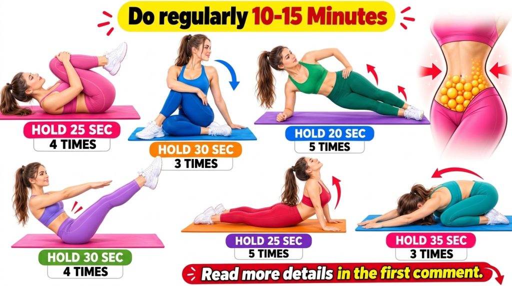A fitness infographic featuring a woman demonstrating six different abdominal exercises with duration and repetition ins