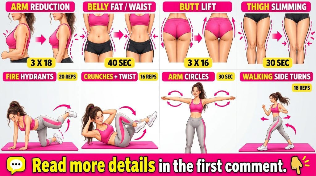 An illustrated multi-panel fitness guide showing eight different full-body exercises performed by a woman focusing on ar