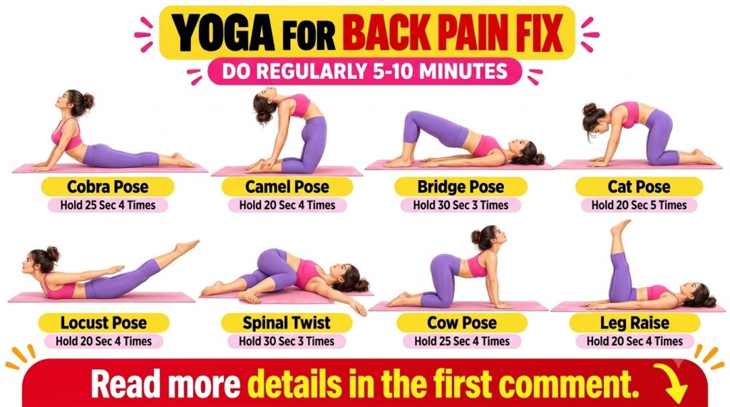 An infographic showing 8 different yoga poses specifically for back pain relief each with a female model demonstrating t