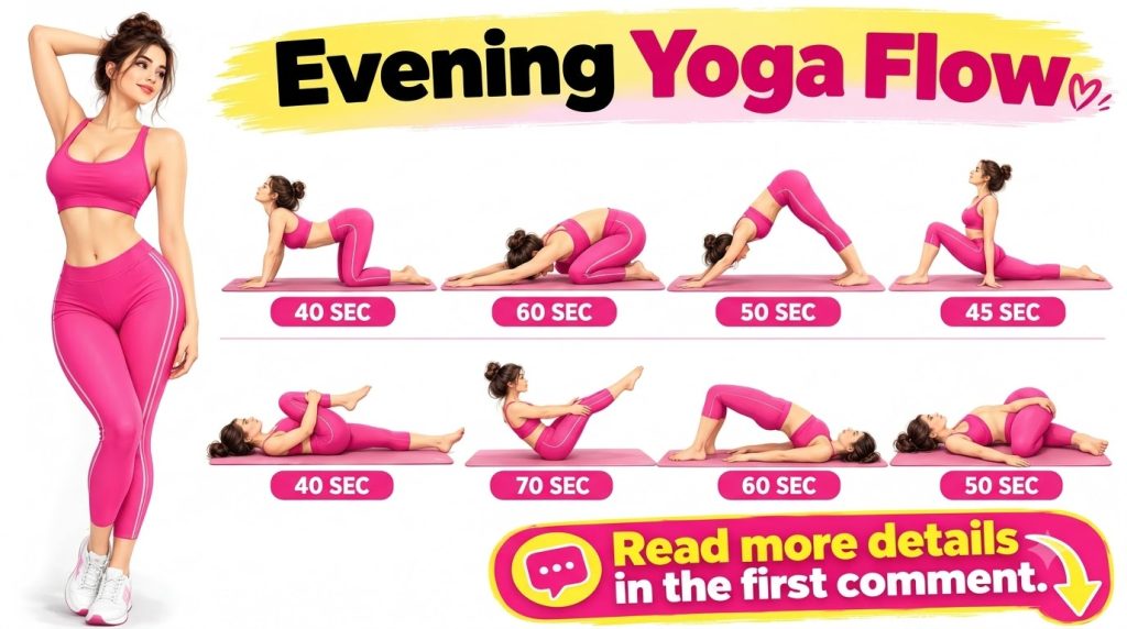 An infographic featuring a woman in a pink yoga outfit performing various yoga poses with the title Evening Yoga Flow
