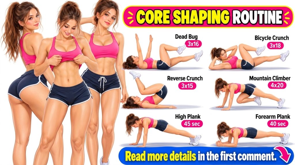 A fitness infographic showing a woman demonstrating various core exercises like planks crunches and mountain climbers in