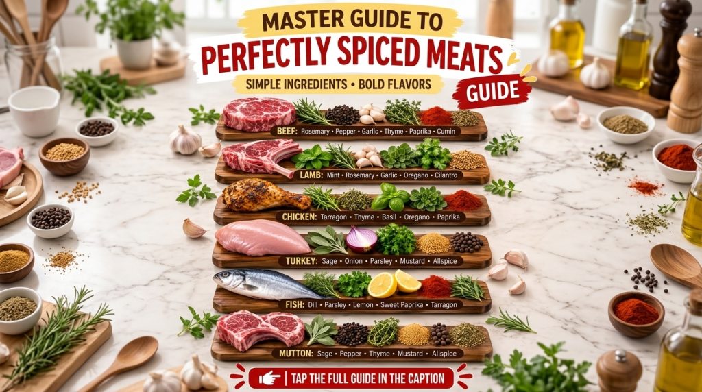 Various types of raw and cooked meats beef lamb chicken turkey fish mutton each paired with a curated selection of fresh