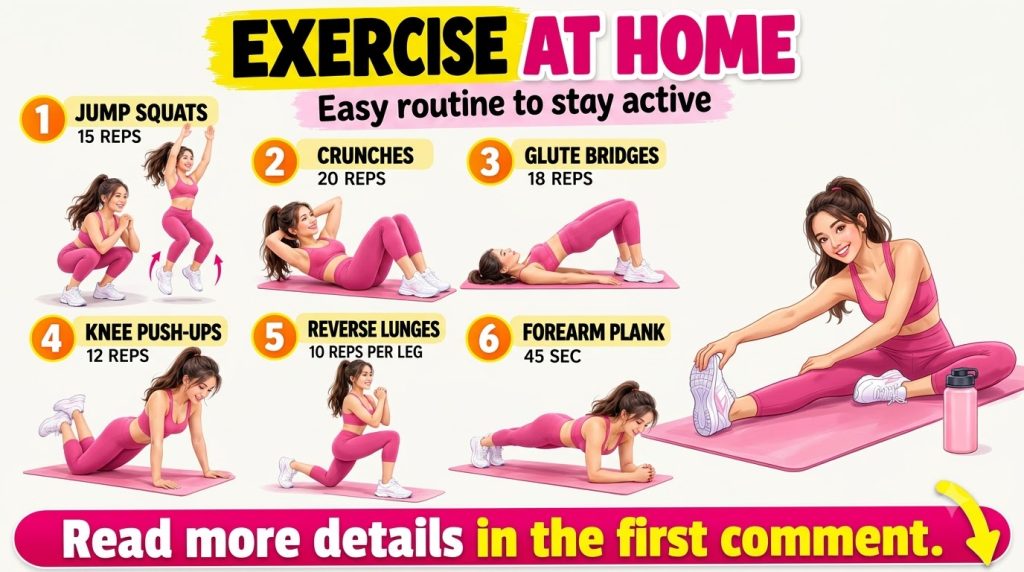 An infographic titled EXERCISE AT HOME showing a cheerful woman in pink activewear demonstrating six different bodyweigh