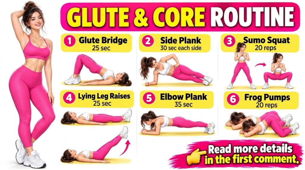 An infographic showing a smiling woman demonstrating six different glute and core exercises