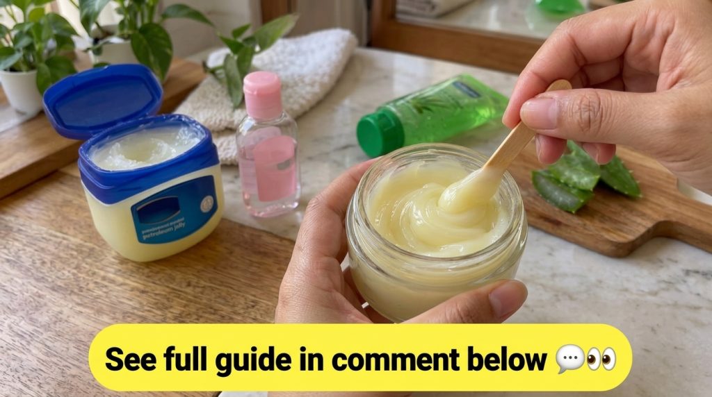 A split-grid collage showing the steps to make a homemade beauty cream a hand scooping petroleum jelly pouring baby oil 