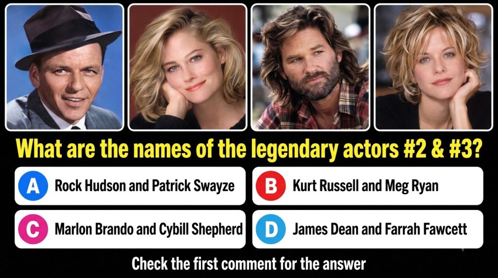 A social media quiz card showing four celebrity portraits in a 2x2 grid Frank Sinatra Cybill Shepherd Kurt Russell Meg R