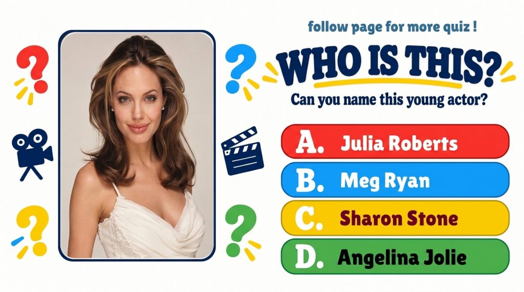 A quiz graphic featuring a portrait of a young Angelina Jolie smiling gently wearing a white dress with lace The title W