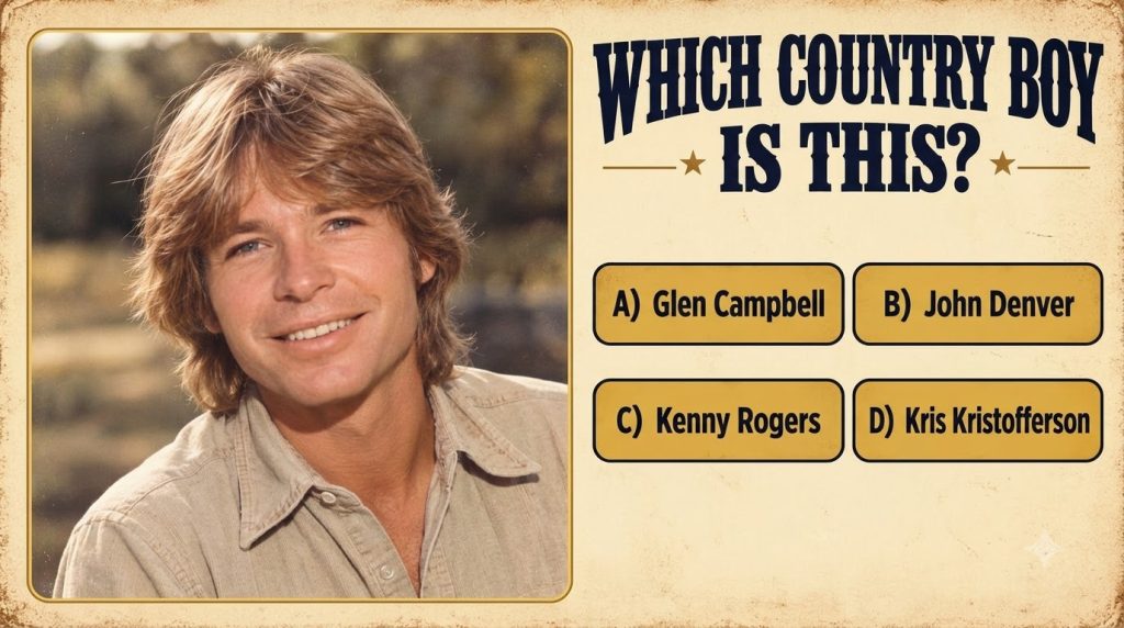 Vintage-style quiz poster with a headshot of a young John Denver framed within a circular border against a retro starbur