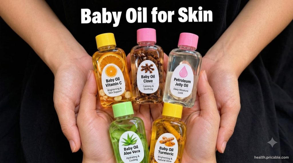Two cupped hands holding five small uniform bottles labeled as various Baby Oil concoctions for skin against a black bac