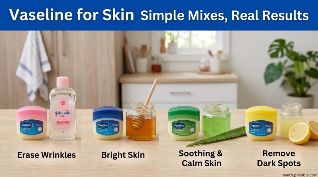 A collection of small bowls containing Vaseline mixed with different natural ingredients like honey aloe vera lemon juic