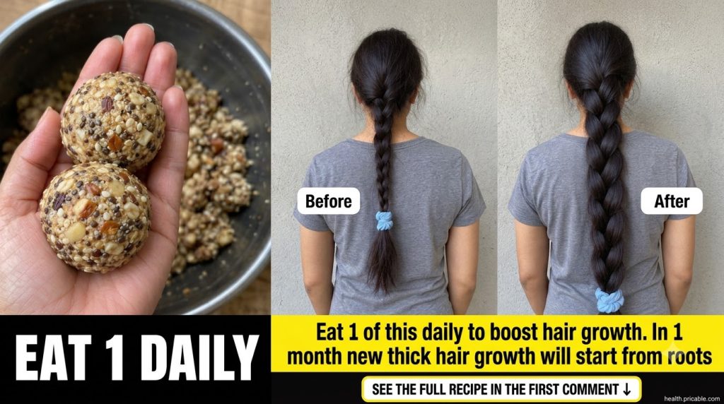 A split image showing a hand holding spherical food bites on the left and a before and after comparison of a woman s bra