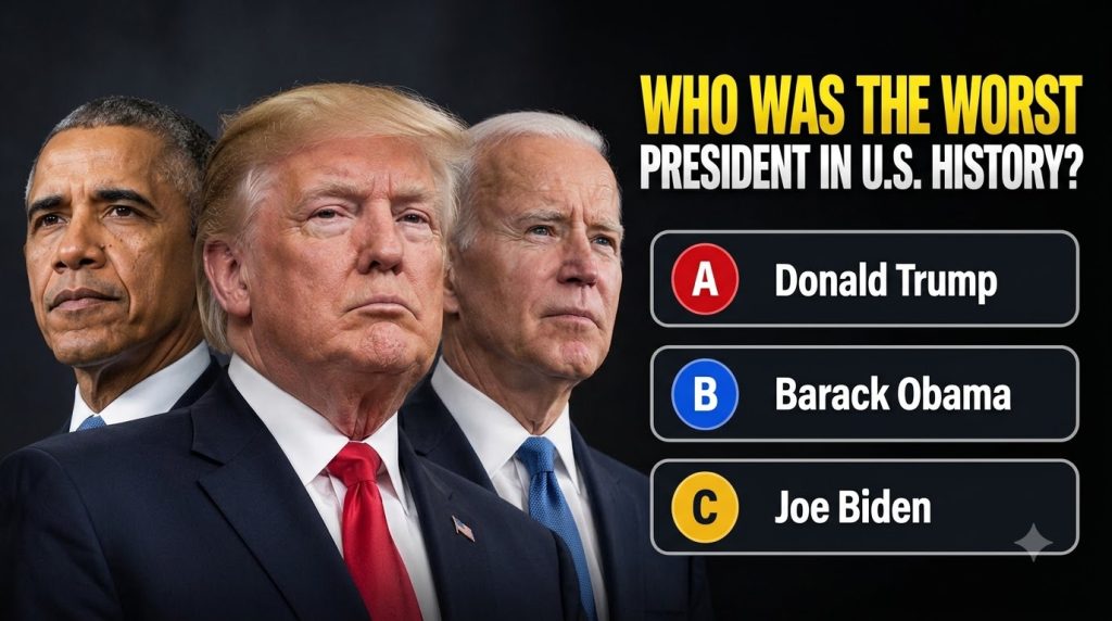 A composite image of Barack Obama Donald Trump and Joe Biden in suits with Donald Trump in the foreground Below them a q