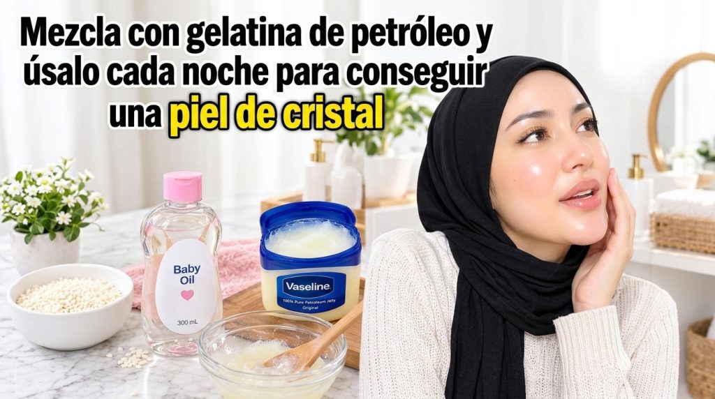 A split image showing a woman with radiant skin in the upper part and beauty ingredients like baby oil Vaseline and a mi