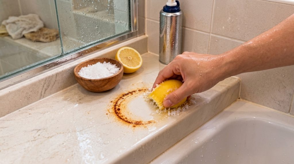 A hand scrubbing a rust stain on a light countertop using a lemon half coated in coarse salt A wooden bowl of salt and a