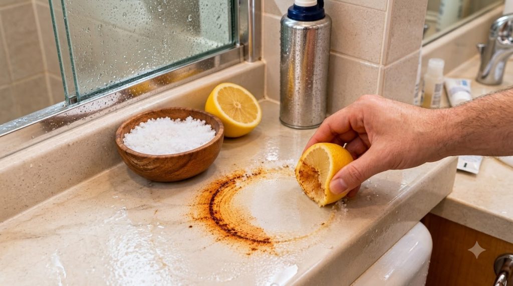 A hand applying a mixture of lemon and coarse salt to a rust stain on a bathroom counter
