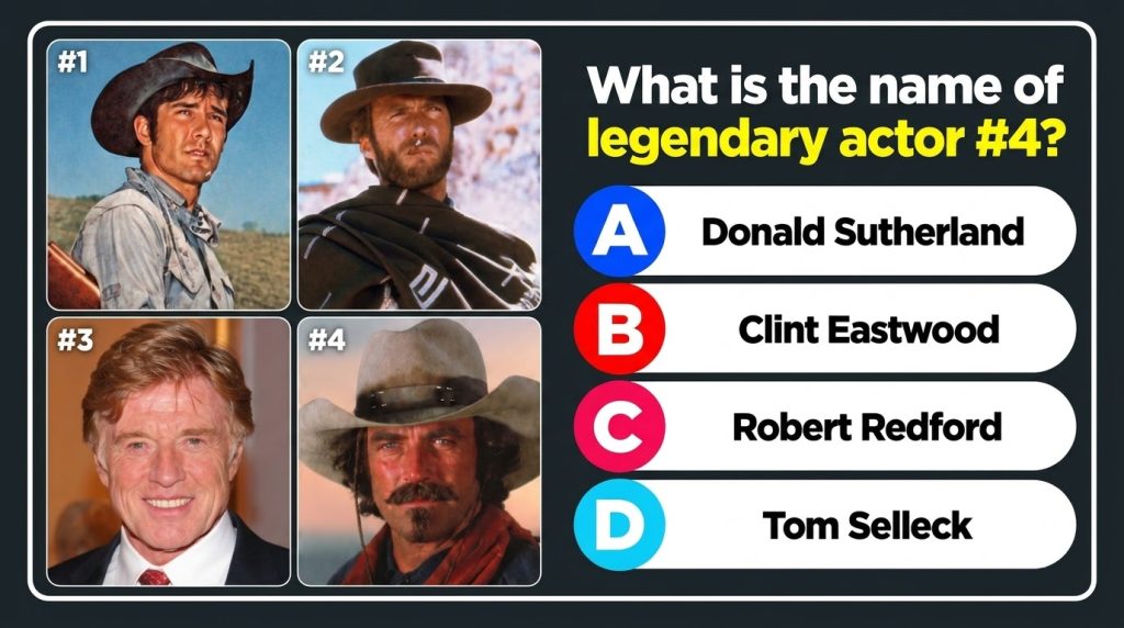 A quiz layout showing four portraits of legendary actors Ben Johnson Clint Eastwood Robert Redford and Tom Selleck with 