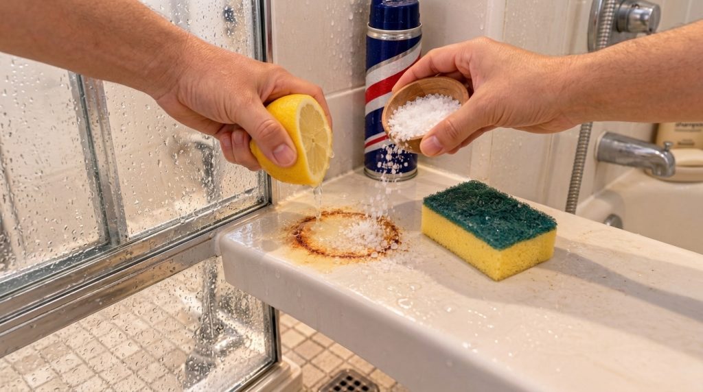 Two hands applying lemon juice and coarse salt to a rust-like stain on a white bathroom sink