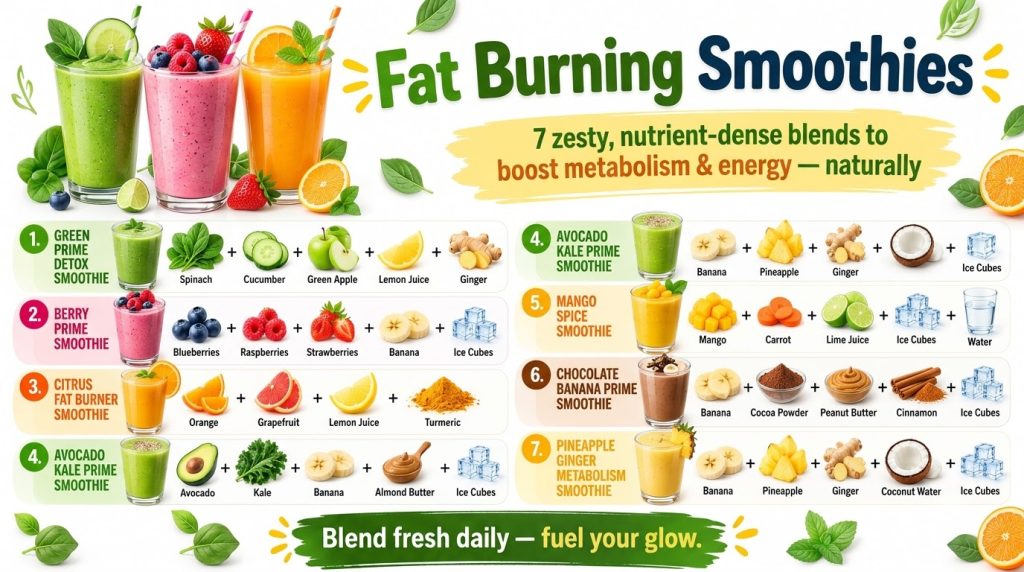 An infographic showing seven different vibrant smoothie recipes with their ingredients laid out featuring colorful smoot