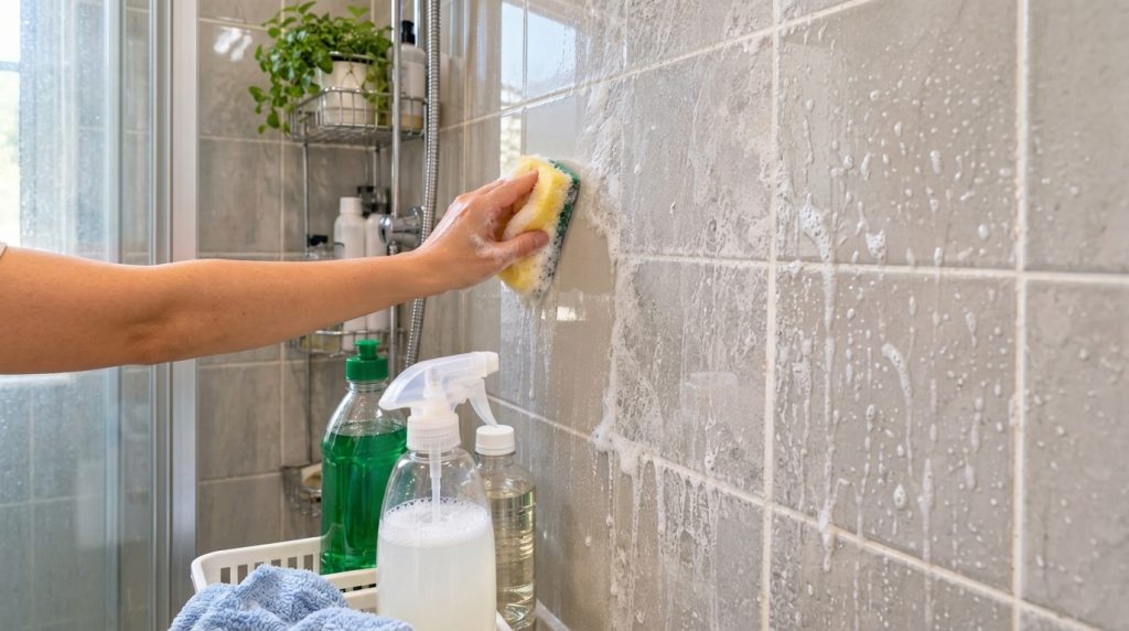 A hand vigorously scrubbing a tiled shower wall with a yellow and green sponge creating a lot of soap suds