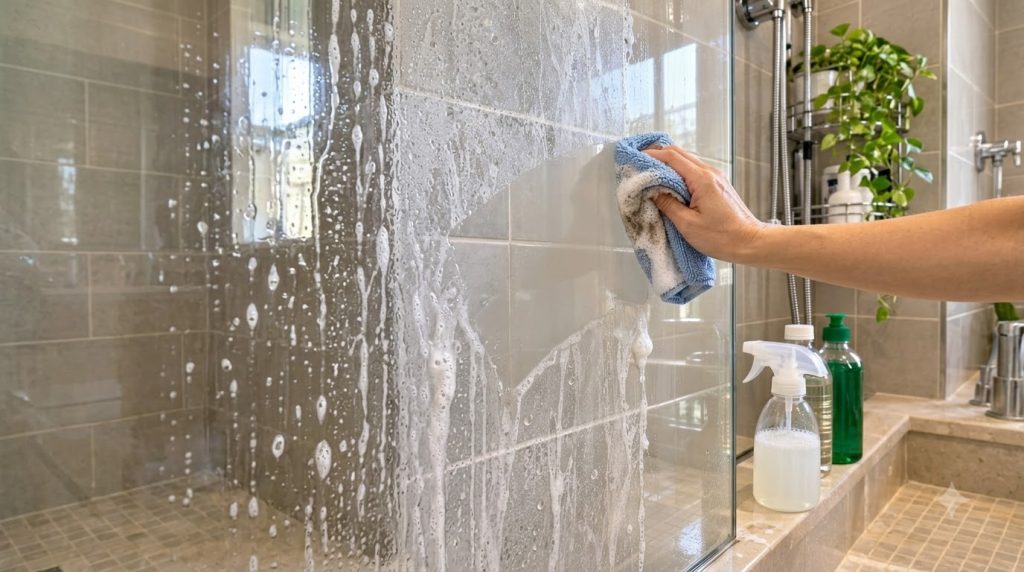 A hand using a blue and white cloth to clean a glass shower door with white foam and water droplets dripping down