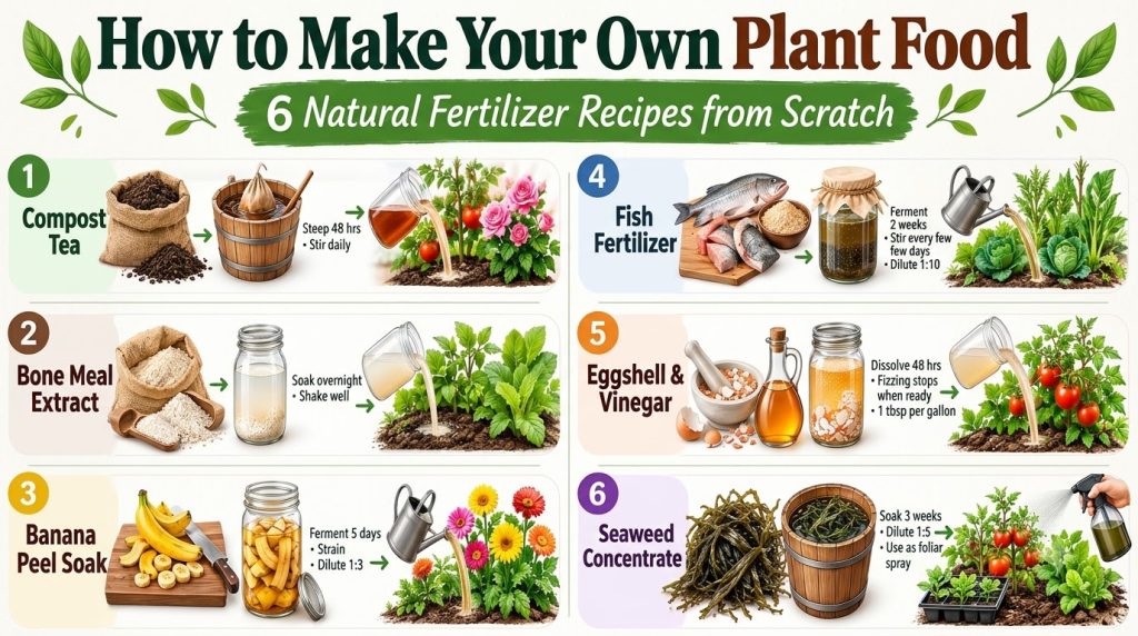 An educational infographic titled How to Make Your Own Plant Food detailing 6 natural fertilizer recipes with ingredient