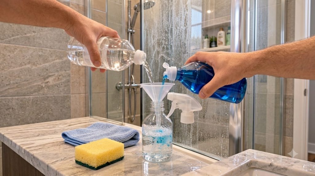Hands pouring clear and blue liquids through a funnel into a transparent spray bottle on a bathroom countertop with a sh