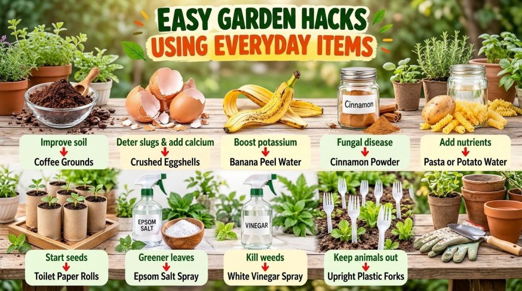An infographic showing nine different smart garden hacks including coffee grounds eggshells cinnamon and plants in toile